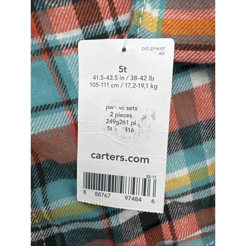 Carters Boys 5T Long Sleeve Button-Up‎ Shirt Hooded Plaid Orange Blue Yellow NWT